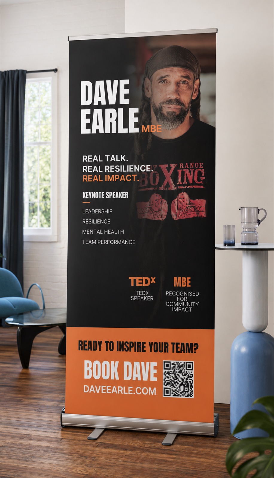 Large-format pull-up display banner for Dave Earle MBE